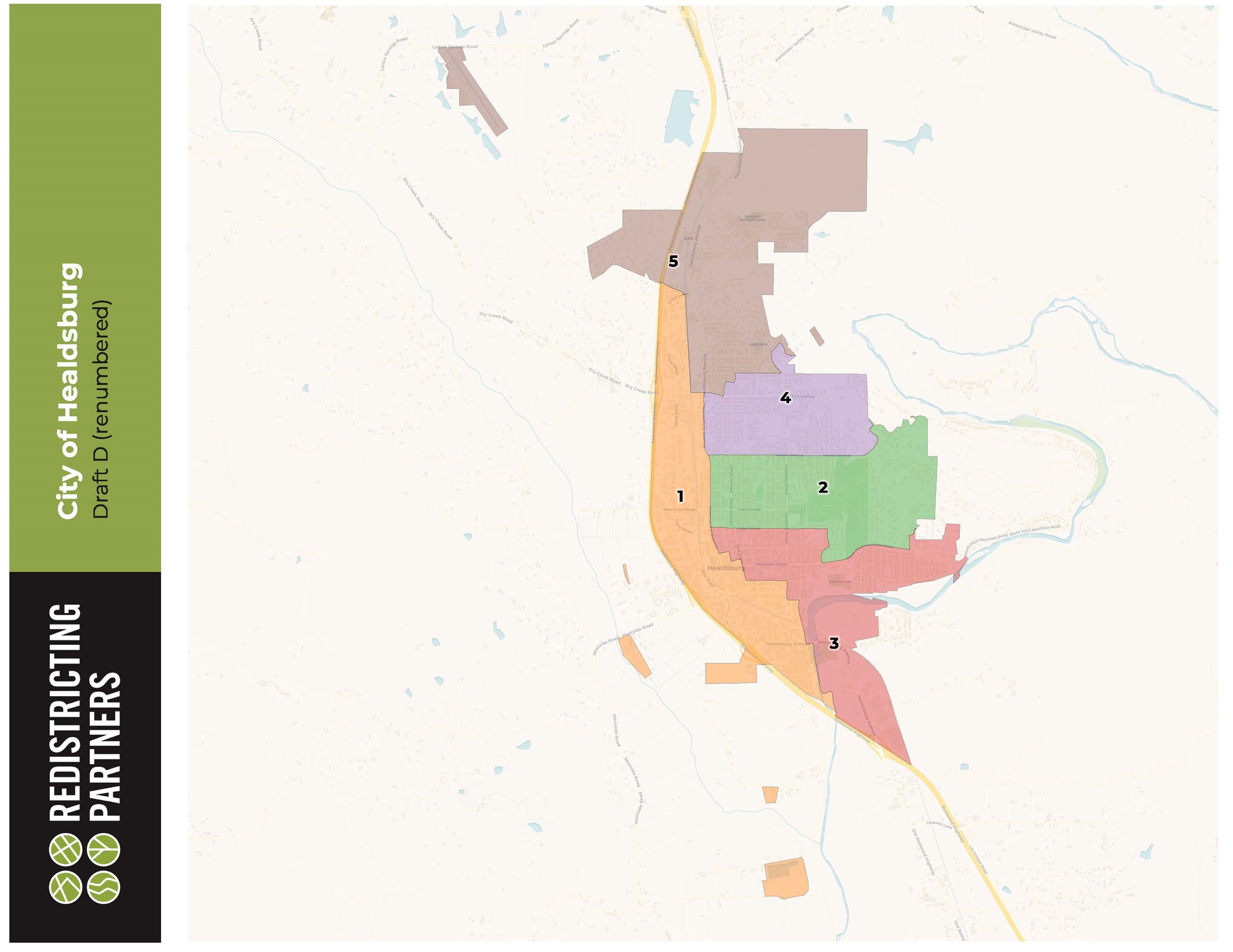 A map of Healdsburg showing the district election boundaries.